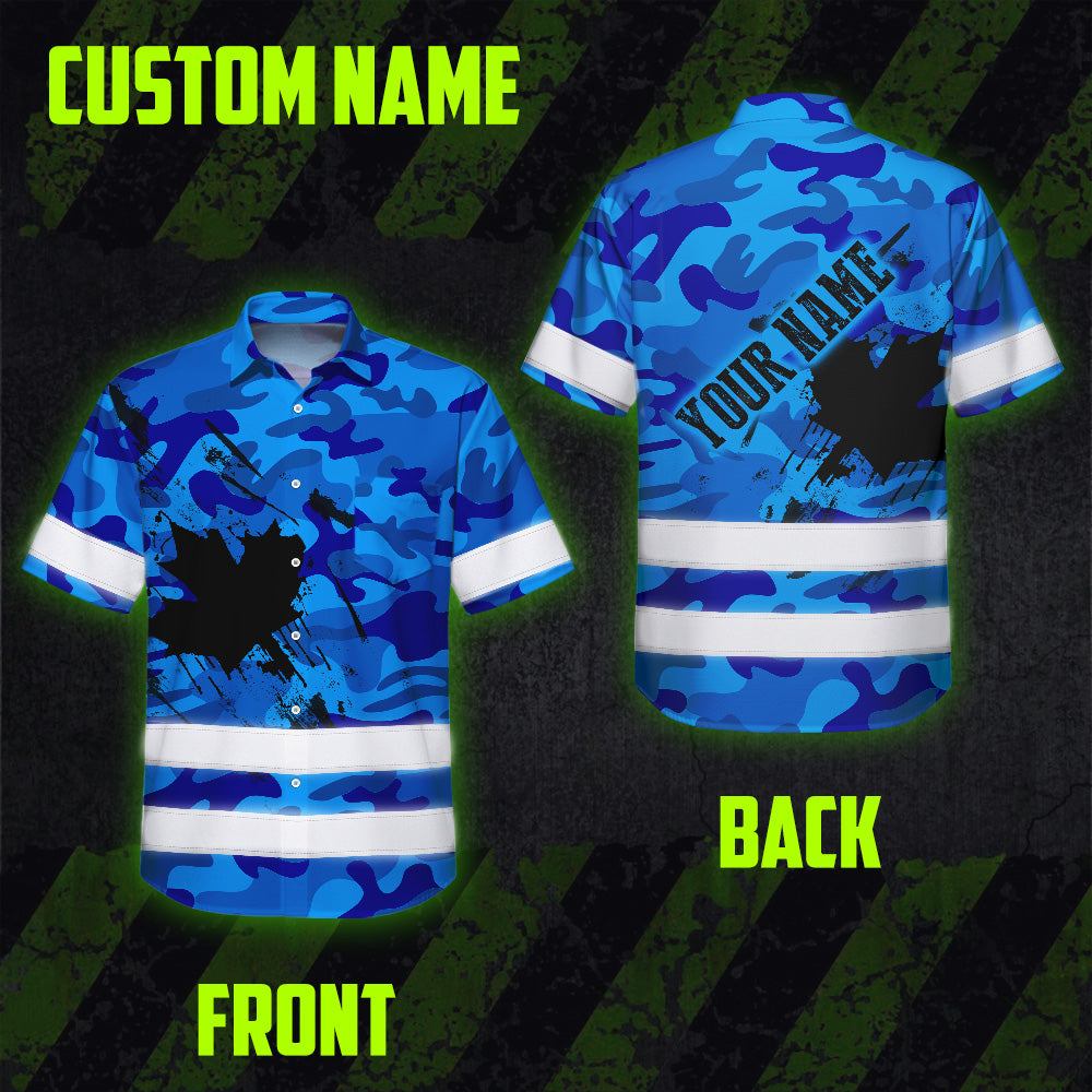 Hi Vis Hawaiian Shirt Reflective Tapes Blue Neon Camo Canada Flag Custom Name Safety Workwear For Workers, Truckers, Operators, Canadian