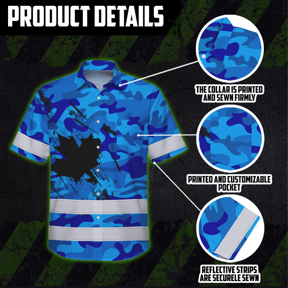 Hi Vis Hawaiian Shirt Reflective Tapes Blue Neon Camo Canada Flag Custom Name Safety Workwear For Workers, Truckers, Operators, Canadian