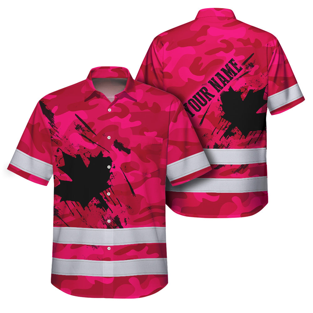 Hi Vis Hawaiian Shirt Reflective Tapes Pink Neon Camo Canada Flag Custom Name Safety Workwear For Workers, Truckers, Operators, Canadian