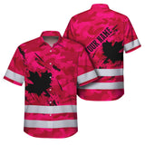 Hi Vis Hawaiian Shirt Reflective Tapes Pink Neon Camo Canada Flag Custom Name Safety Workwear For Workers, Truckers, Operators, Canadian