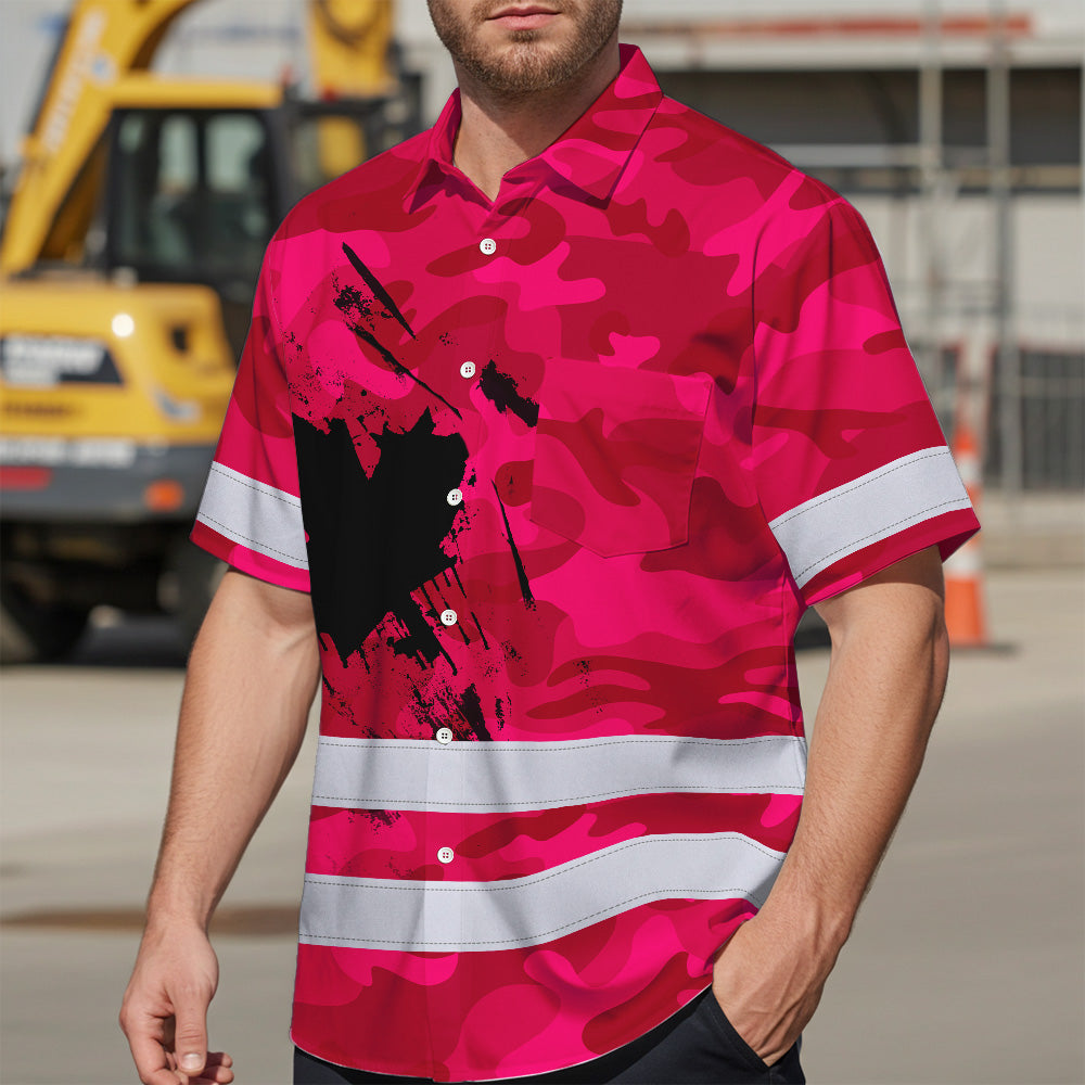 Hi Vis Hawaiian Shirt Reflective Tapes Pink Neon Camo Canada Flag Custom Name Safety Workwear For Workers, Truckers, Operators, Canadian