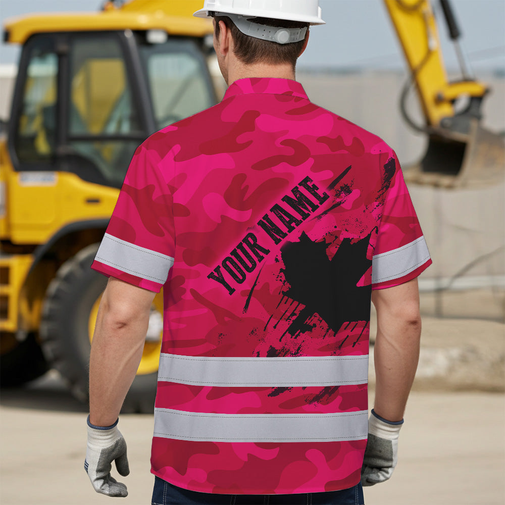 Hi Vis Hawaiian Shirt Reflective Tapes Pink Neon Camo Canada Flag Custom Name Safety Workwear For Workers, Truckers, Operators, Canadian