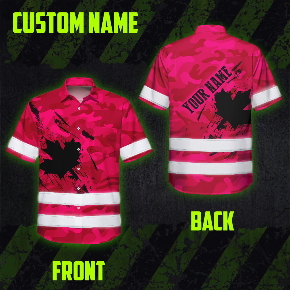 Hi Vis Hawaiian Shirt Reflective Tapes Pink Neon Camo Canada Flag Custom Name Safety Workwear For Workers, Truckers, Operators, Canadian