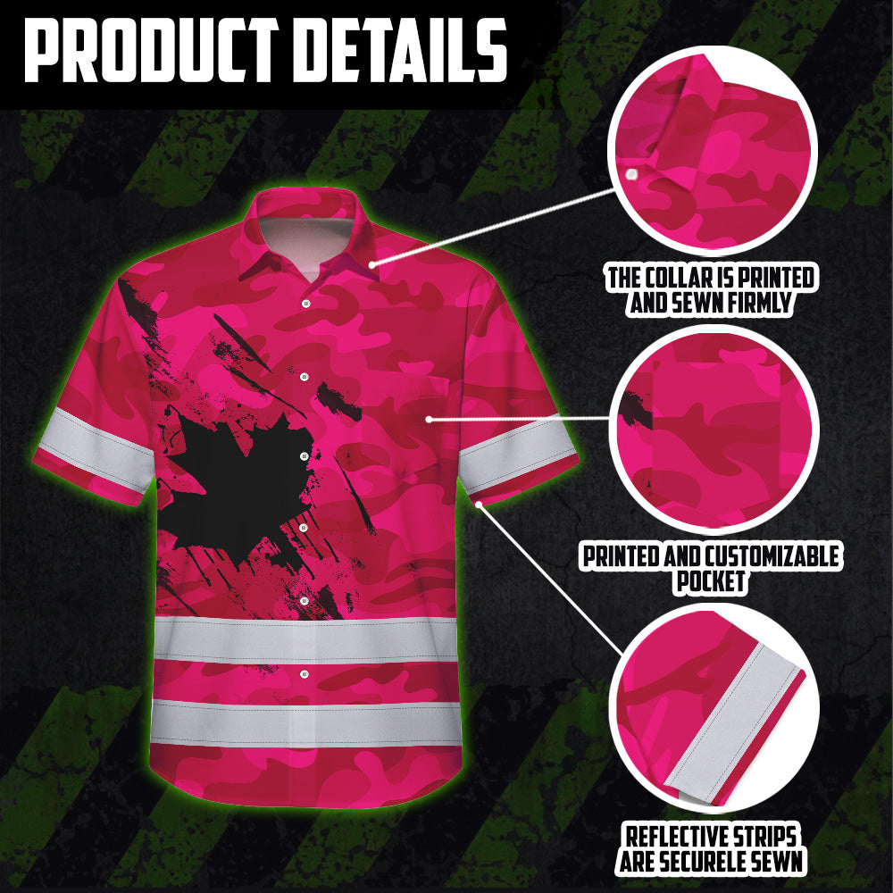 Hi Vis Hawaiian Shirt Reflective Tapes Pink Neon Camo Canada Flag Custom Name Safety Workwear For Workers, Truckers, Operators, Canadian