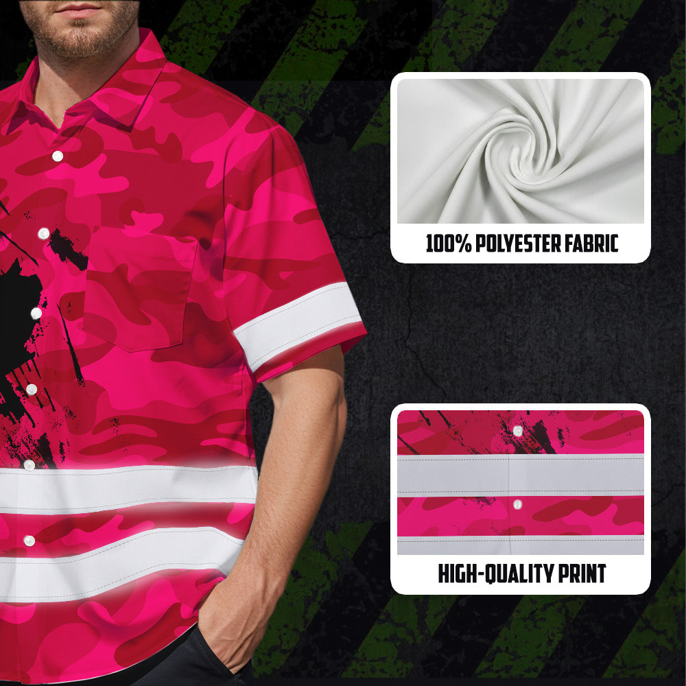 Hi Vis Hawaiian Shirt Reflective Tapes Pink Neon Camo Canada Flag Custom Name Safety Workwear For Workers, Truckers, Operators, Canadian