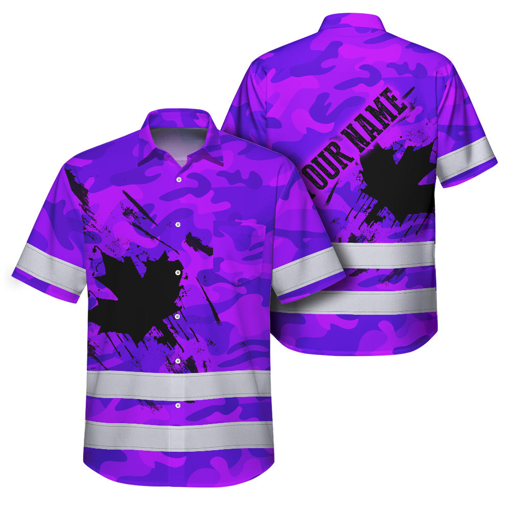 Hi Vis Hawaiian Shirt Reflective Tapes Violet Neon Camo Canada Flag Custom Name Safety Workwear For Workers, Truckers, Operators, Canadian