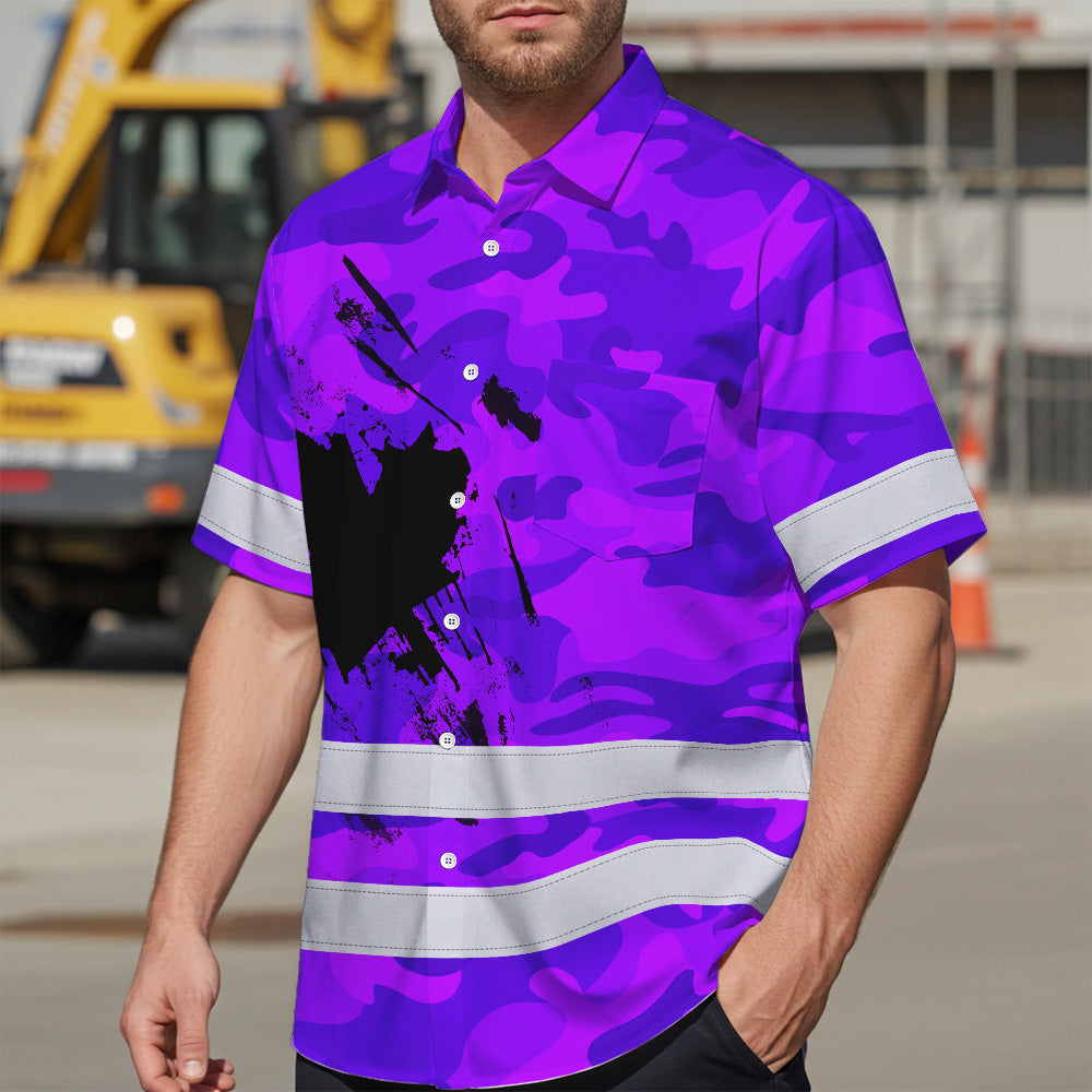 Hi Vis Hawaiian Shirt Reflective Tapes Violet Neon Camo Canada Flag Custom Name Safety Workwear For Workers, Truckers, Operators, Canadian