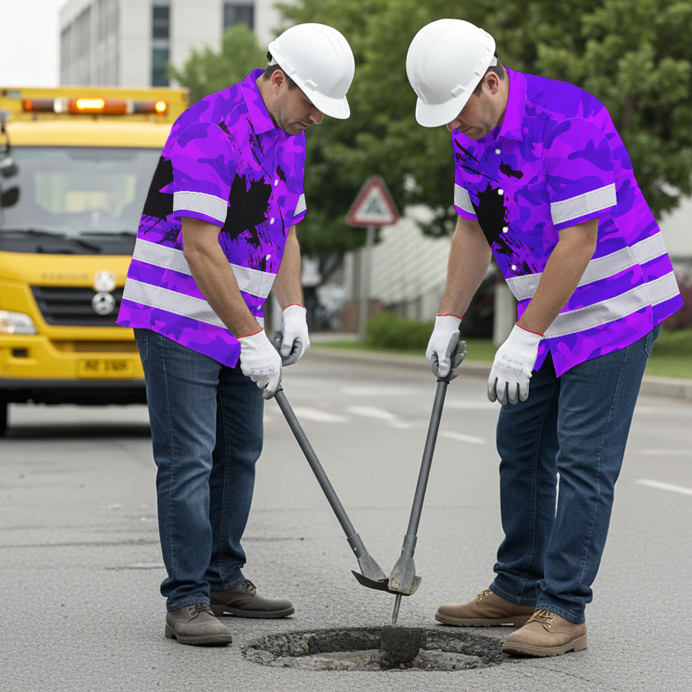Hi Vis Hawaiian Shirt Reflective Tapes Violet Neon Camo Canada Flag Custom Name Safety Workwear For Workers, Truckers, Operators, Canadian
