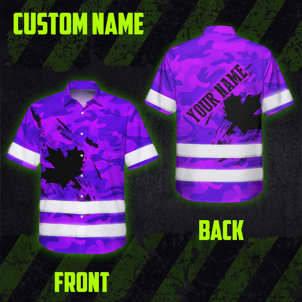 Hi Vis Hawaiian Shirt Reflective Tapes Violet Neon Camo Canada Flag Custom Name Safety Workwear For Workers, Truckers, Operators, Canadian