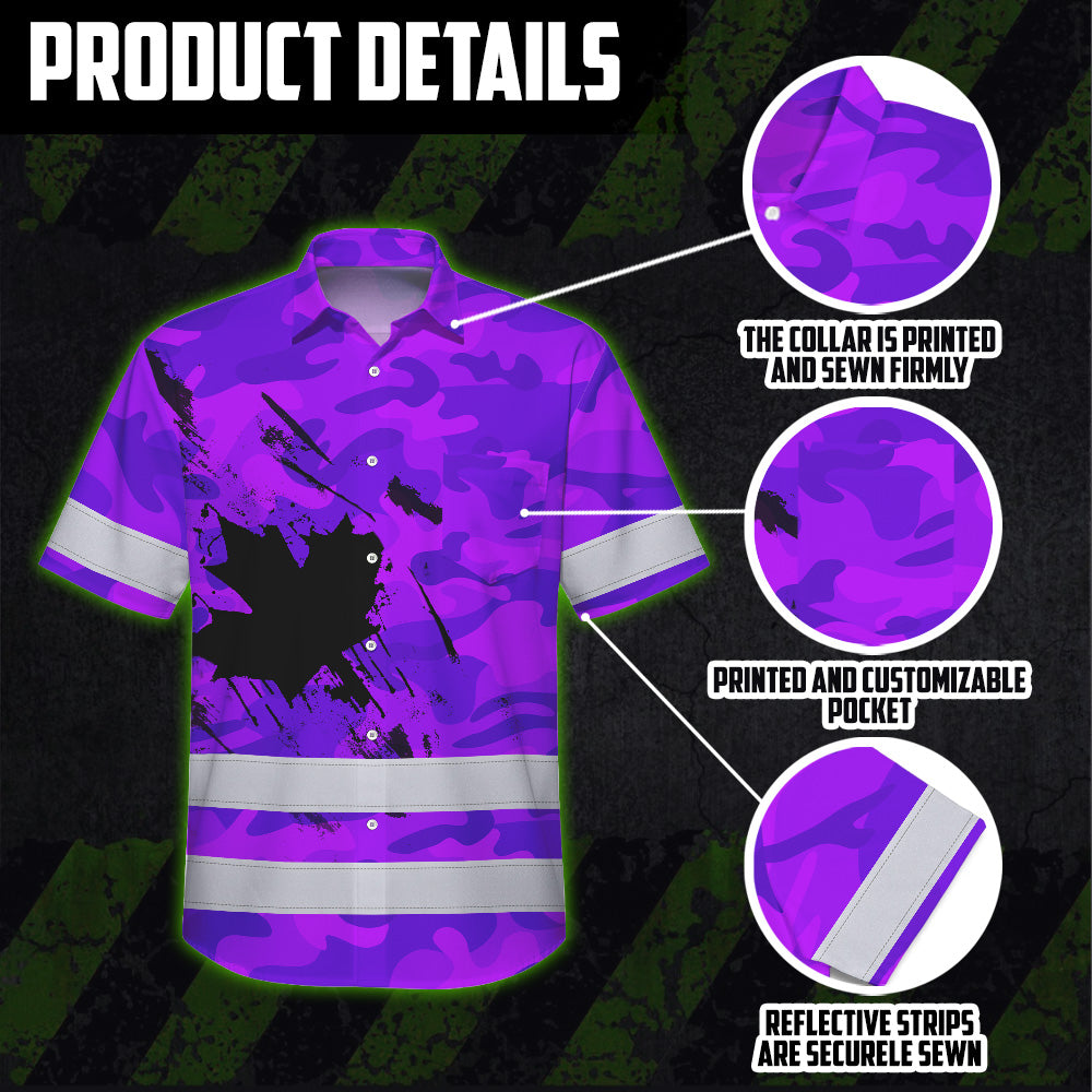 Hi Vis Hawaiian Shirt Reflective Tapes Violet Neon Camo Canada Flag Custom Name Safety Workwear For Workers, Truckers, Operators, Canadian
