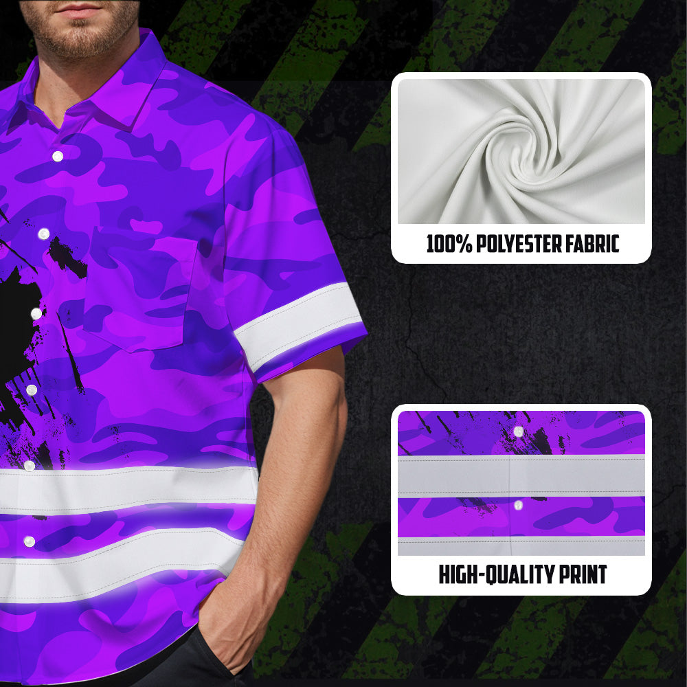 Hi Vis Hawaiian Shirt Reflective Tapes Violet Neon Camo Canada Flag Custom Name Safety Workwear For Workers, Truckers, Operators, Canadian
