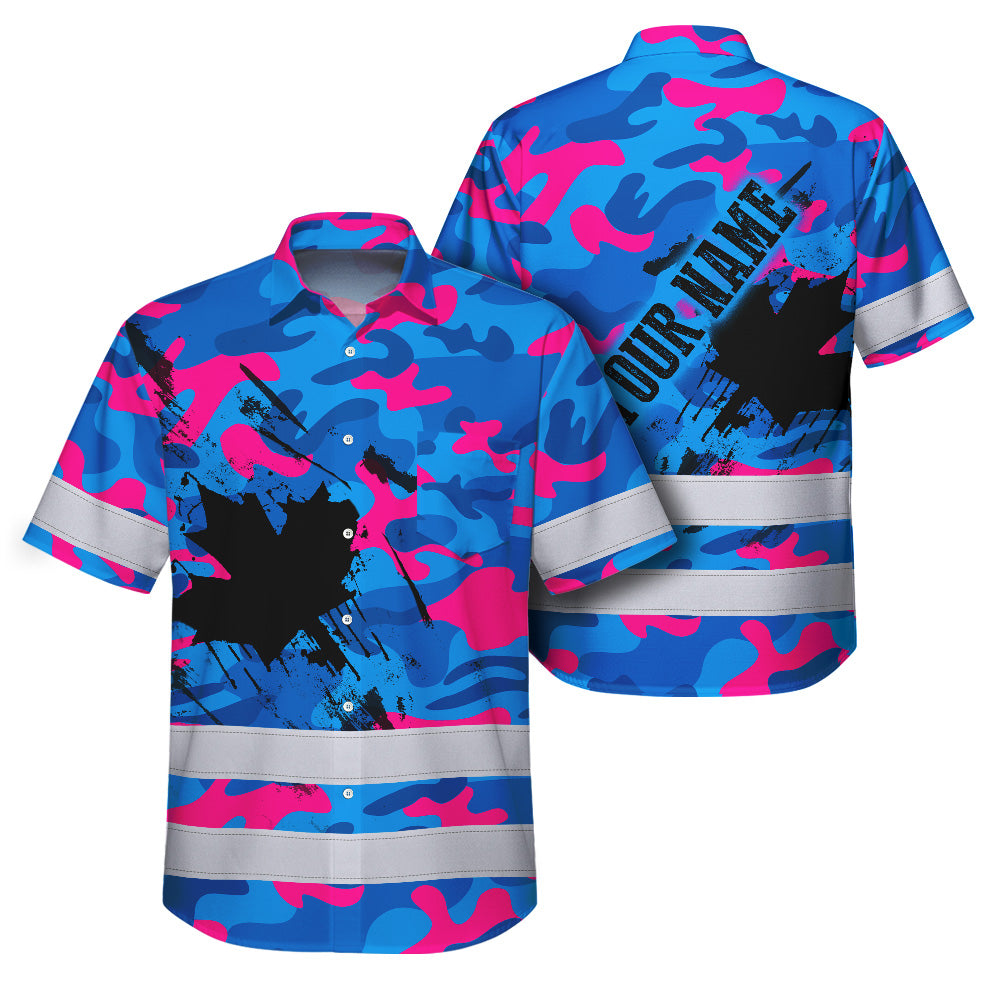 Hi Vis Hawaiian Shirt Reflective Tapes Blue Pink Camo Canada Flag Custom Name Safety Workwear For Workers, Truckers, Operators, Canadian