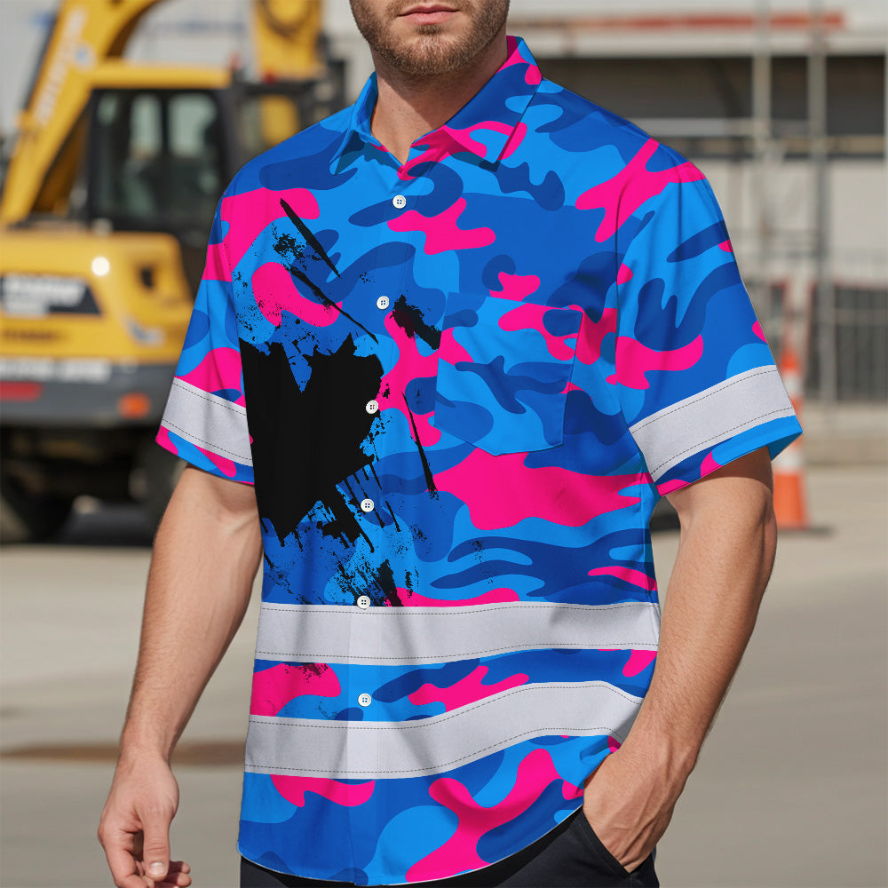 Hi Vis Hawaiian Shirt Reflective Tapes Blue Pink Camo Canada Flag Custom Name Safety Workwear For Workers, Truckers, Operators, Canadian