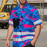 Hi Vis Hawaiian Shirt Reflective Tapes Blue Pink Camo Canada Flag Custom Name Safety Workwear For Workers, Truckers, Operators, Canadian
