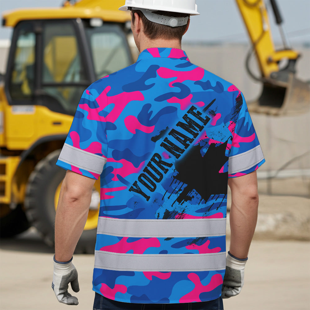 Hi Vis Hawaiian Shirt Reflective Tapes Blue Pink Camo Canada Flag Custom Name Safety Workwear For Workers, Truckers, Operators, Canadian