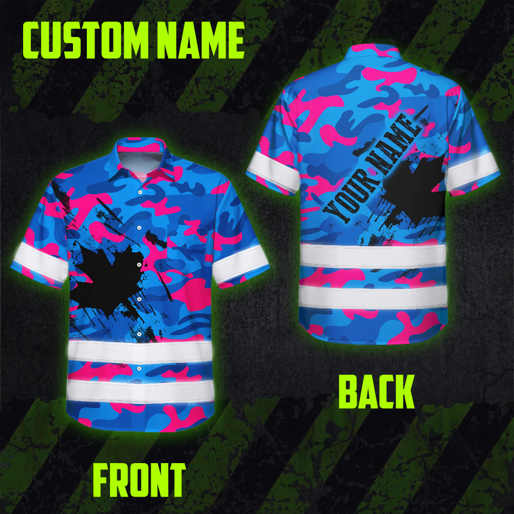 Hi Vis Hawaiian Shirt Reflective Tapes Blue Pink Camo Canada Flag Custom Name Safety Workwear For Workers, Truckers, Operators, Canadian