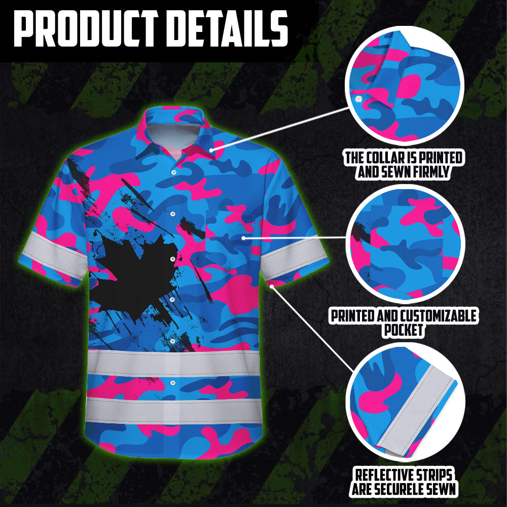 Hi Vis Hawaiian Shirt Reflective Tapes Blue Pink Camo Canada Flag Custom Name Safety Workwear For Workers, Truckers, Operators, Canadian