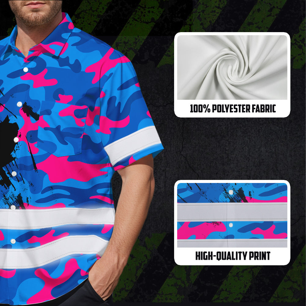 Hi Vis Hawaiian Shirt Reflective Tapes Blue Pink Camo Canada Flag Custom Name Safety Workwear For Workers, Truckers, Operators, Canadian