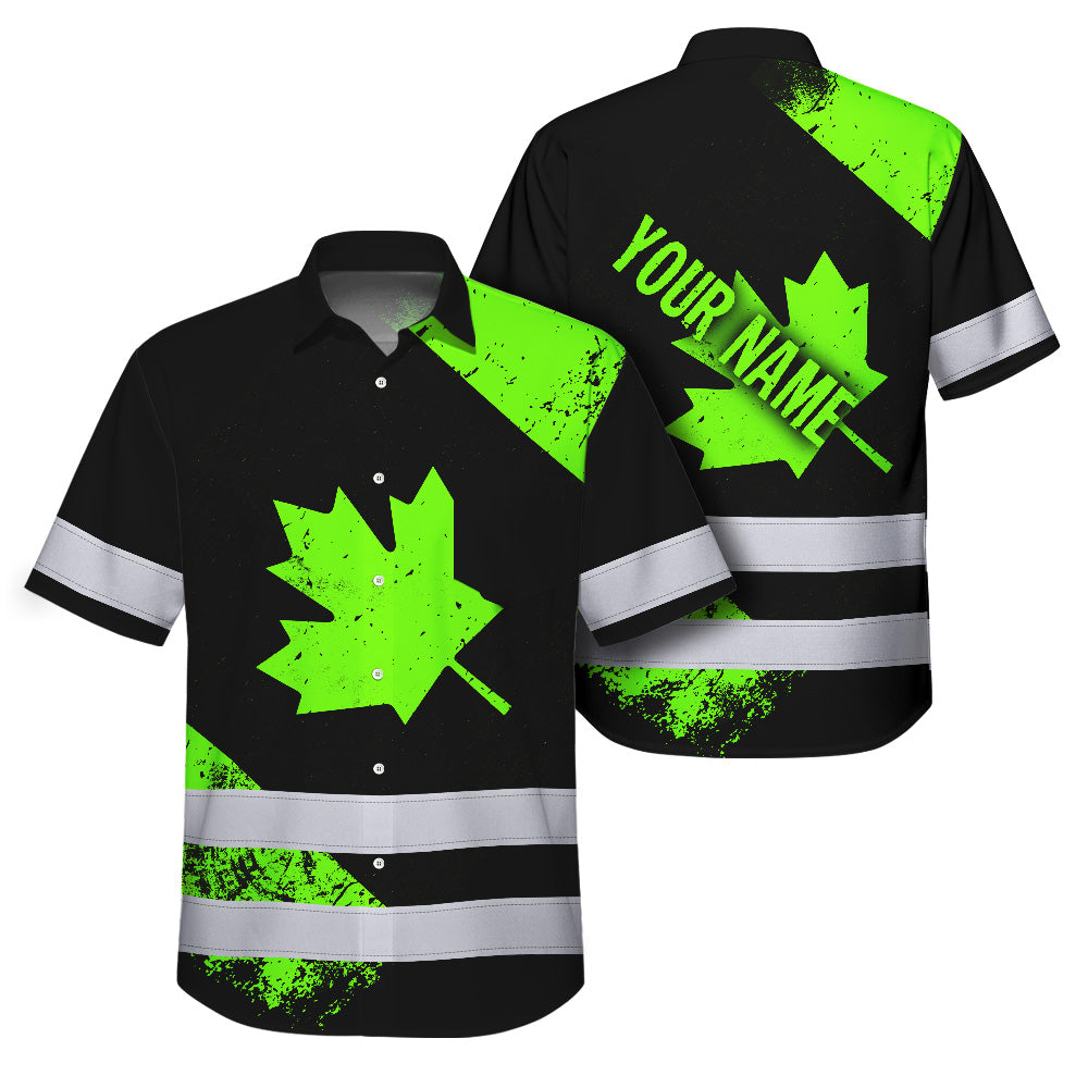 Hi Vis Hawaiian Shirt Reflective Tapes Green Canada Flag Custom Name Safety Workwear For Workers, Truckers, Operators, Canadian