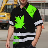 Hi Vis Hawaiian Shirt Reflective Tapes Green Canada Flag Custom Name Safety Workwear For Workers, Truckers, Operators, Canadian