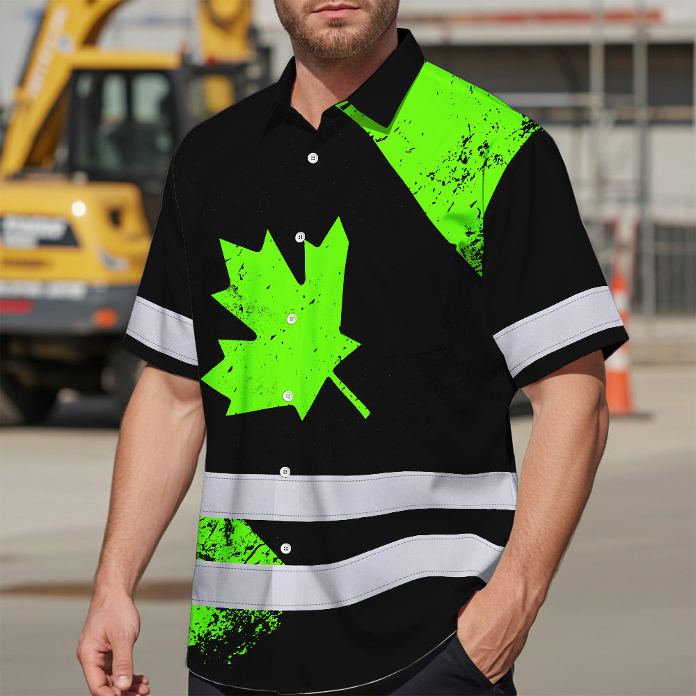 Hi Vis Hawaiian Shirt Reflective Tapes Green Canada Flag Custom Name Safety Workwear For Workers, Truckers, Operators, Canadian