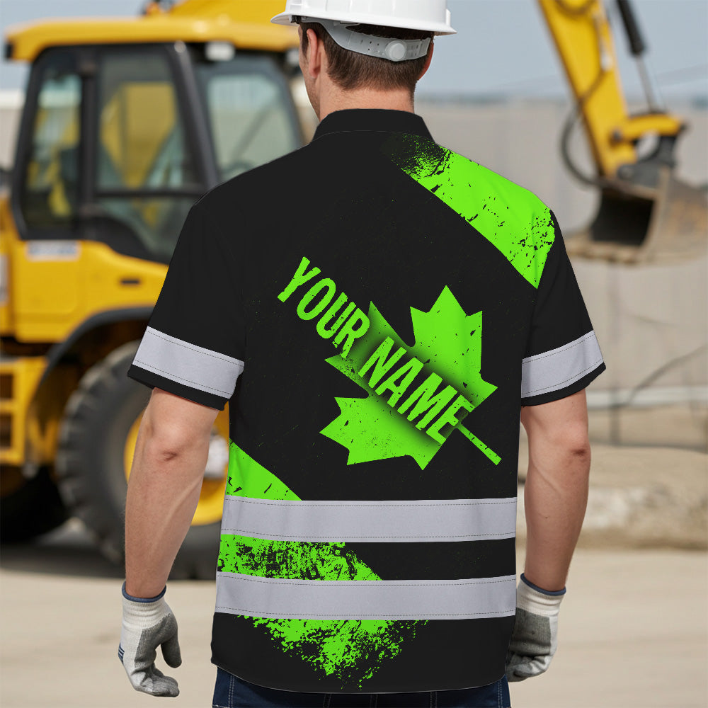 Hi Vis Hawaiian Shirt Reflective Tapes Green Canada Flag Custom Name Safety Workwear For Workers, Truckers, Operators, Canadian