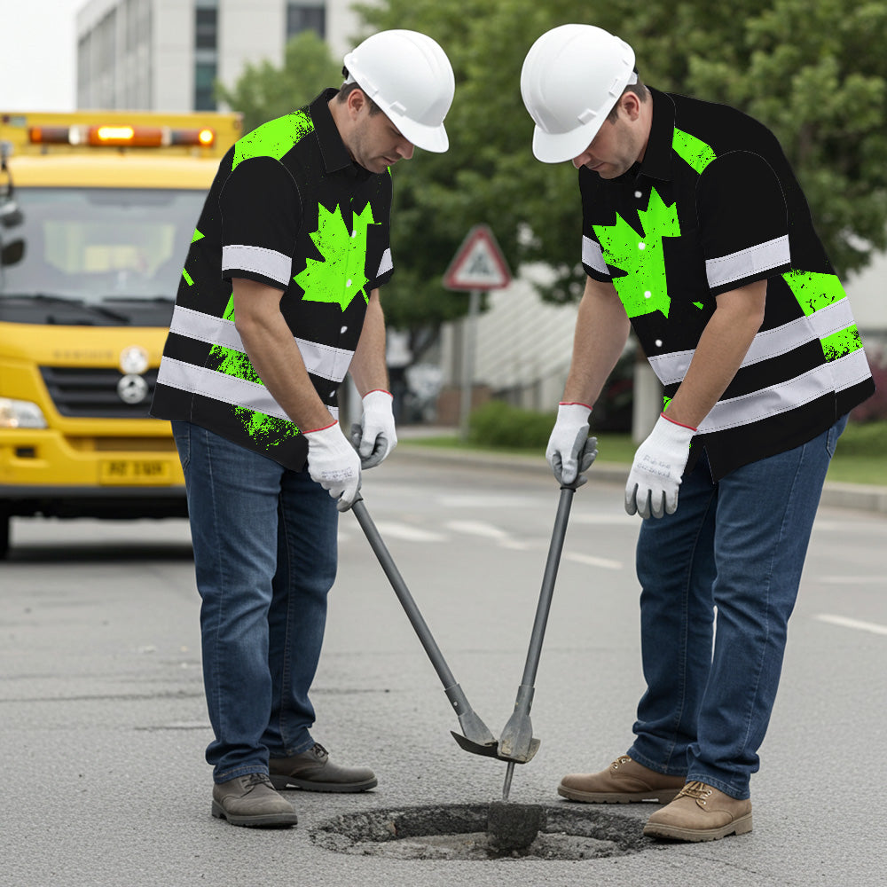 Hi Vis Hawaiian Shirt Reflective Tapes Green Canada Flag Custom Name Safety Workwear For Workers, Truckers, Operators, Canadian