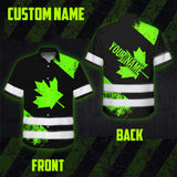 Hi Vis Hawaiian Shirt Reflective Tapes Green Canada Flag Custom Name Safety Workwear For Workers, Truckers, Operators, Canadian