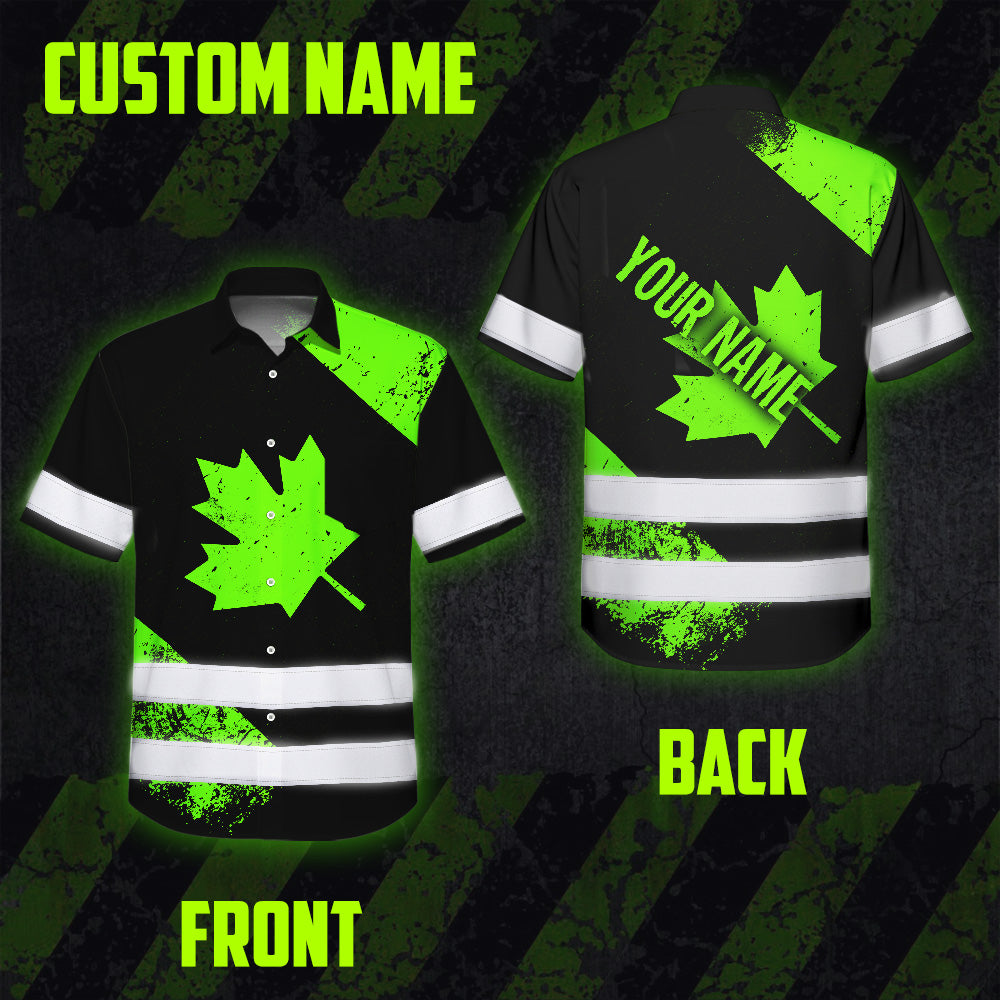 Hi Vis Hawaiian Shirt Reflective Tapes Green Canada Flag Custom Name Safety Workwear For Workers, Truckers, Operators, Canadian