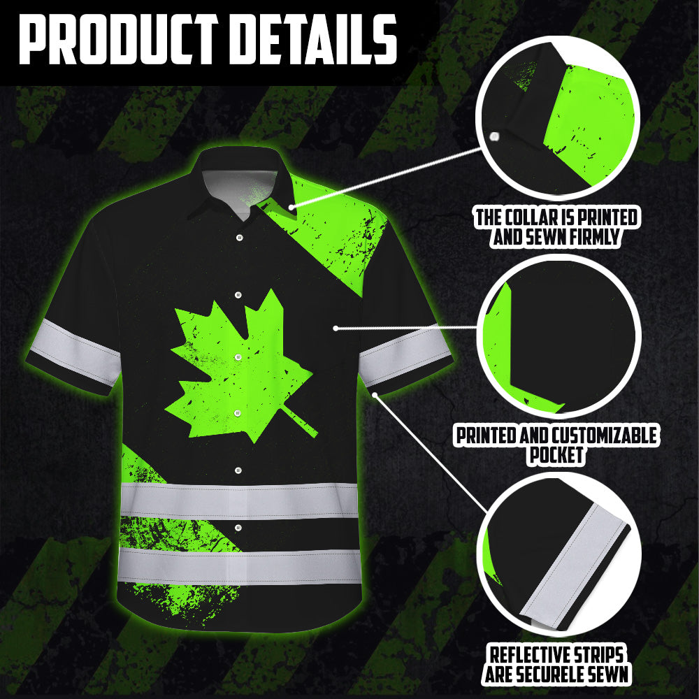 Hi Vis Hawaiian Shirt Reflective Tapes Green Canada Flag Custom Name Safety Workwear For Workers, Truckers, Operators, Canadian