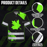 Hi Vis Hawaiian Shirt Reflective Tapes Green Canada Flag Custom Name Safety Workwear For Workers, Truckers, Operators, Canadian