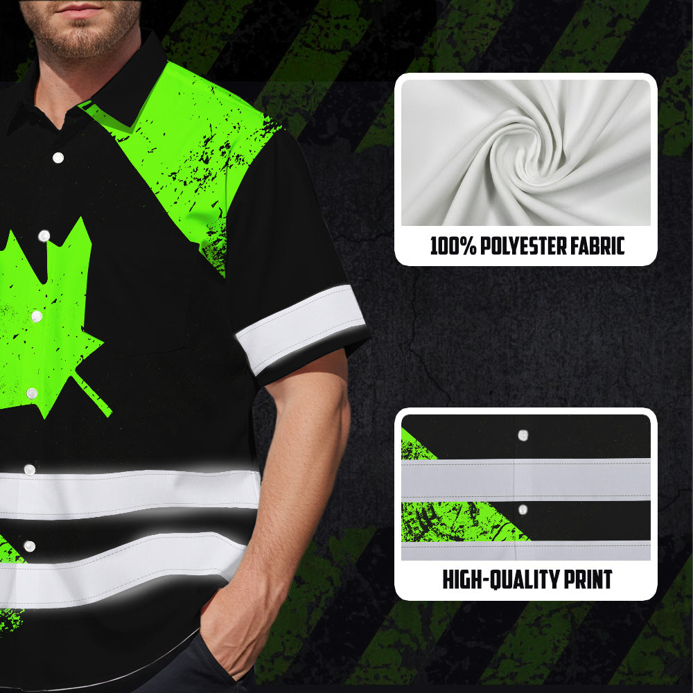 Hi Vis Hawaiian Shirt Reflective Tapes Green Canada Flag Custom Name Safety Workwear For Workers, Truckers, Operators, Canadian