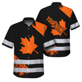 Hi Vis Hawaiian Shirt Reflective Tapes Orange Canada Flag Custom Name Safety Workwear For Workers, Truckers, Operators, Canadian