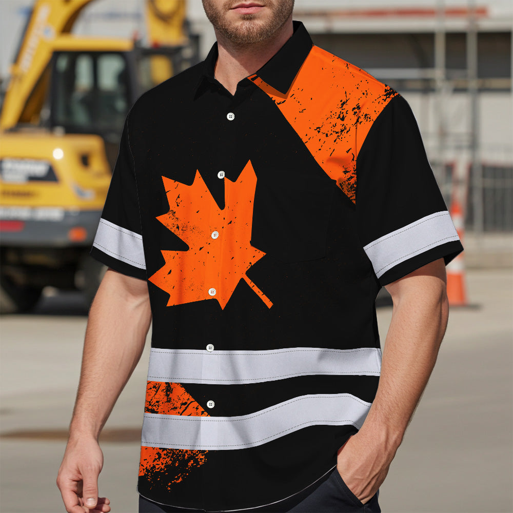 Hi Vis Hawaiian Shirt Reflective Tapes Orange Canada Flag Custom Name Safety Workwear For Workers, Truckers, Operators, Canadian