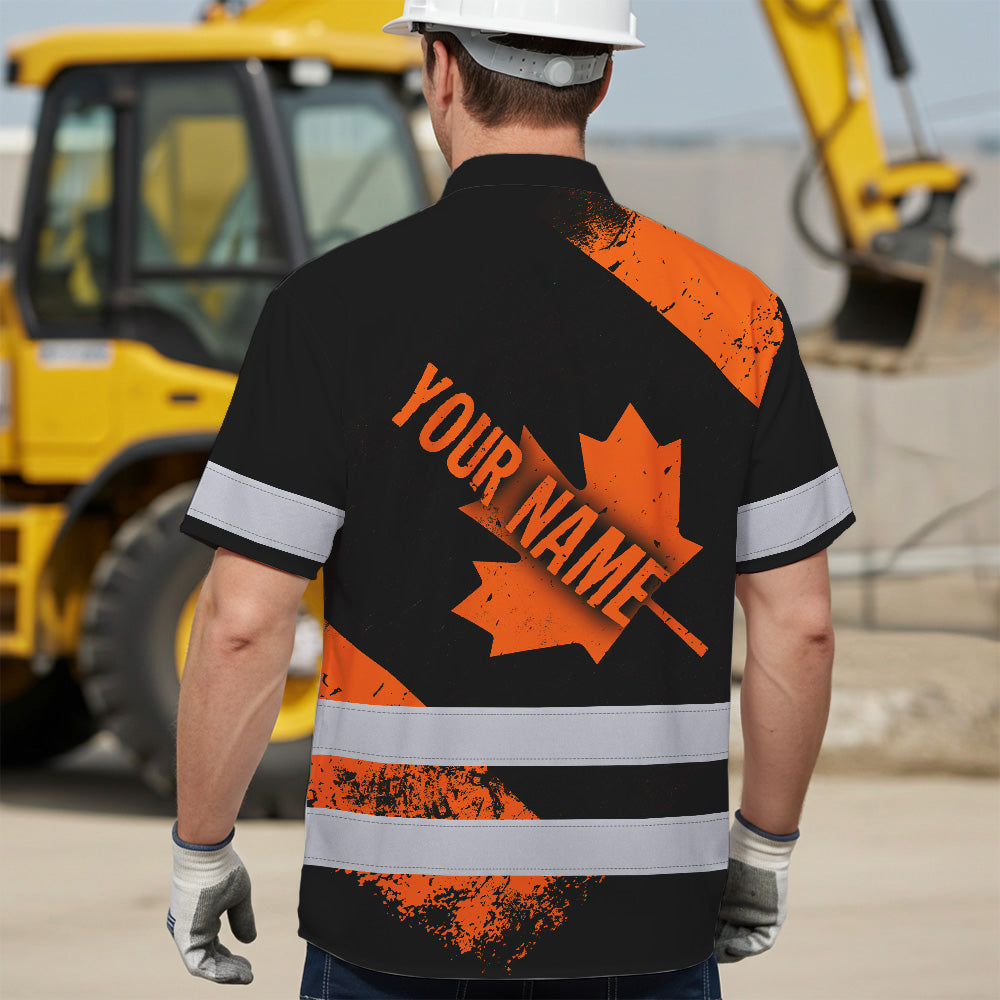 Hi Vis Hawaiian Shirt Reflective Tapes Orange Canada Flag Custom Name Safety Workwear For Workers, Truckers, Operators, Canadian