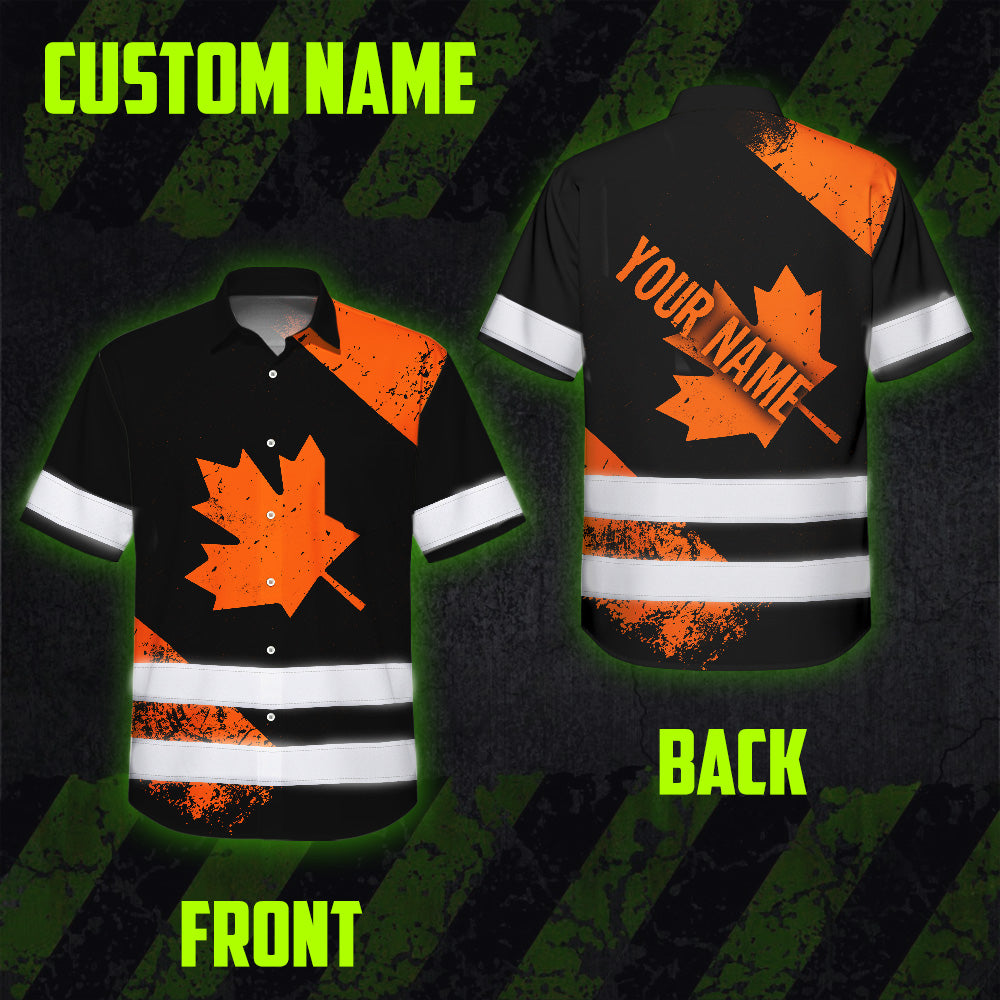 Hi Vis Hawaiian Shirt Reflective Tapes Orange Canada Flag Custom Name Safety Workwear For Workers, Truckers, Operators, Canadian