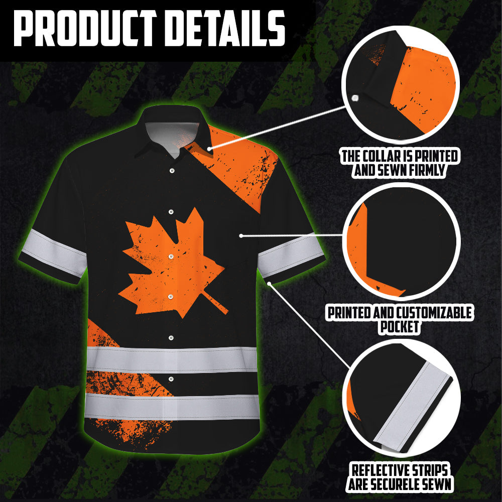 Hi Vis Hawaiian Shirt Reflective Tapes Orange Canada Flag Custom Name Safety Workwear For Workers, Truckers, Operators, Canadian
