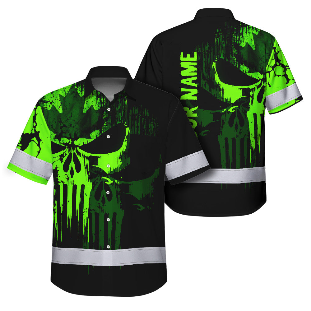 Hi Vis Hawaiian Shirt Reflective Tapes Shadow Green Skull CA Flag Custom Name Safety Workwear For Workers, Truckers, Operators, Canadian