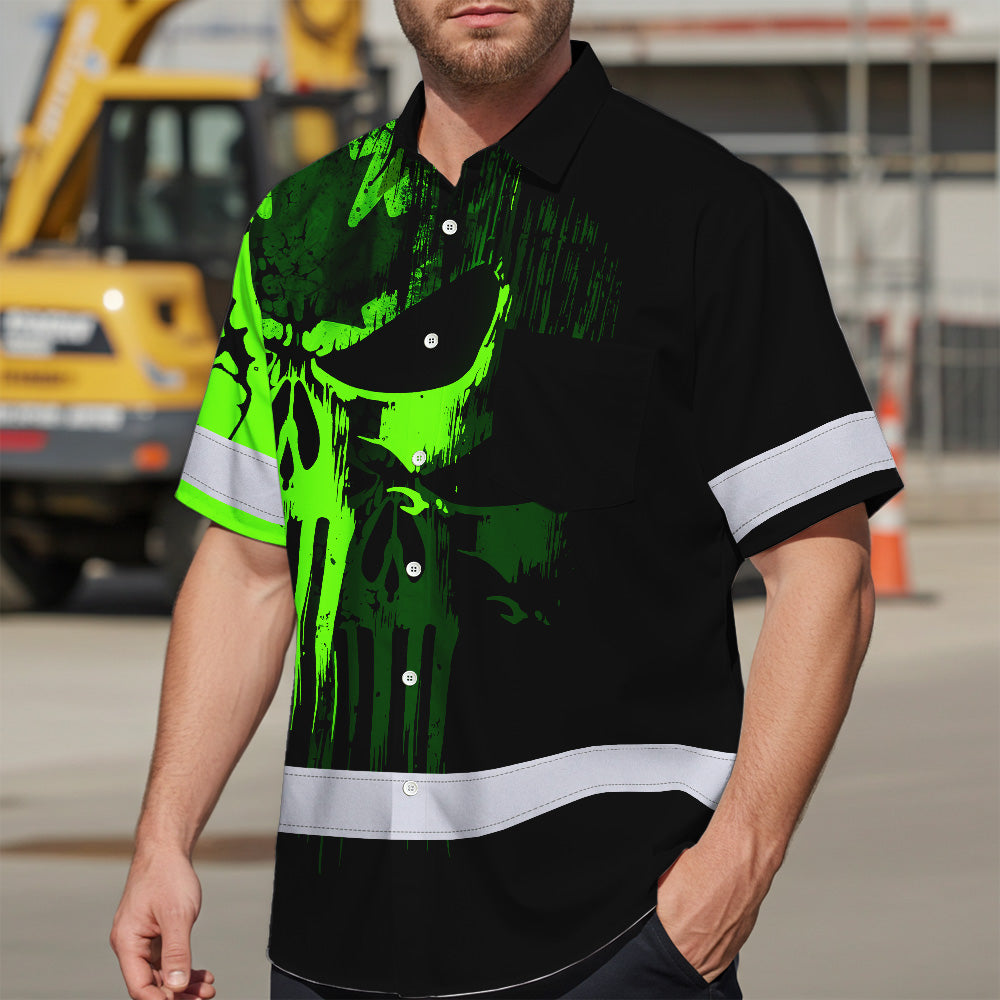 Hi Vis Hawaiian Shirt Reflective Tapes Shadow Green Skull CA Flag Custom Name Safety Workwear For Workers, Truckers, Operators, Canadian