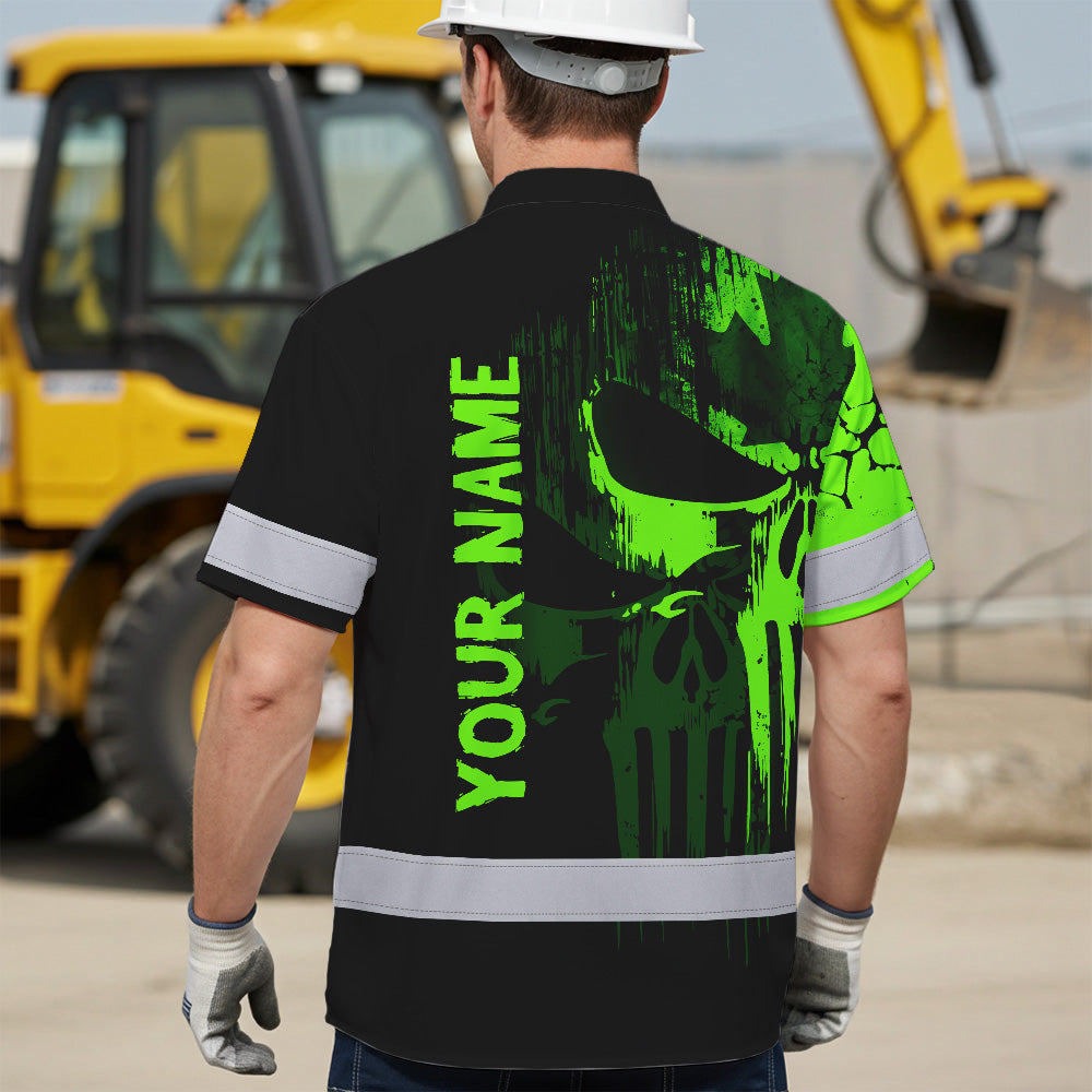Hi Vis Hawaiian Shirt Reflective Tapes Shadow Green Skull CA Flag Custom Name Safety Workwear For Workers, Truckers, Operators, Canadian