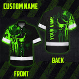Hi Vis Hawaiian Shirt Reflective Tapes Shadow Green Skull CA Flag Custom Name Safety Workwear For Workers, Truckers, Operators, Canadian