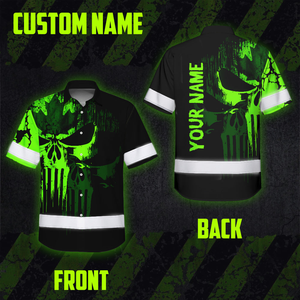 Hi Vis Hawaiian Shirt Reflective Tapes Shadow Green Skull CA Flag Custom Name Safety Workwear For Workers, Truckers, Operators, Canadian