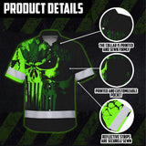 Hi Vis Hawaiian Shirt Reflective Tapes Shadow Green Skull CA Flag Custom Name Safety Workwear For Workers, Truckers, Operators, Canadian