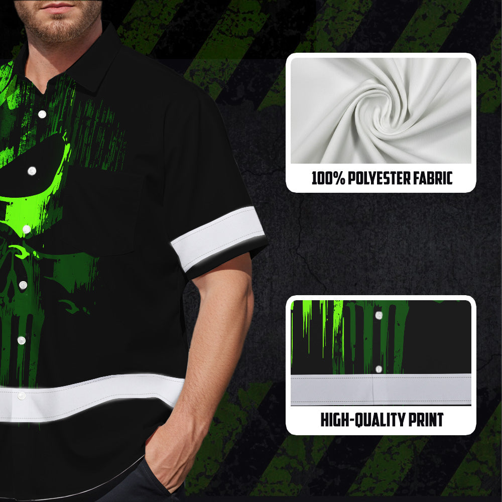 Hi Vis Hawaiian Shirt Reflective Tapes Shadow Green Skull CA Flag Custom Name Safety Workwear For Workers, Truckers, Operators, Canadian