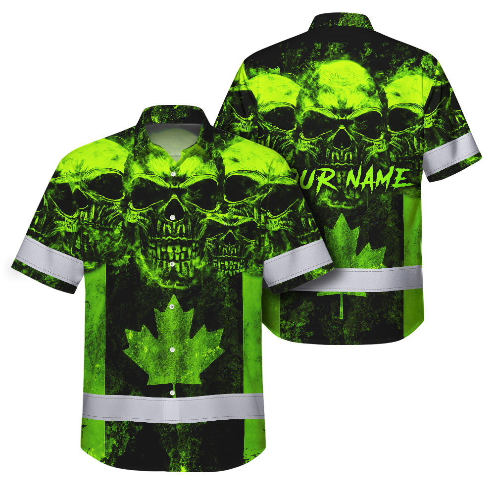 Hi Vis Hawaiian Shirt Reflective Tapes Green Neon Skull CA Flag Custom Name Safety Workwear For Workers, Truckers, Operators, Canadian