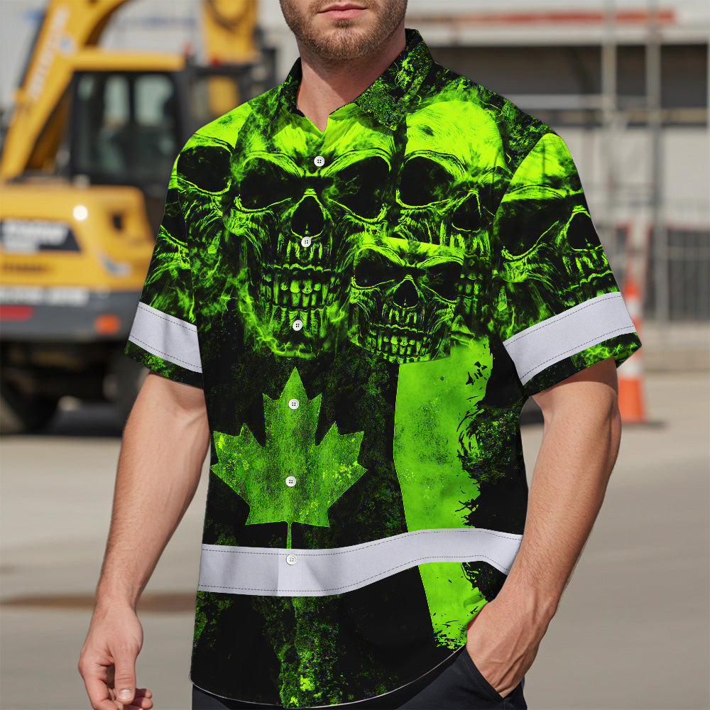 Hi Vis Hawaiian Shirt Reflective Tapes Green Neon Skull CA Flag Custom Name Safety Workwear For Workers, Truckers, Operators, Canadian