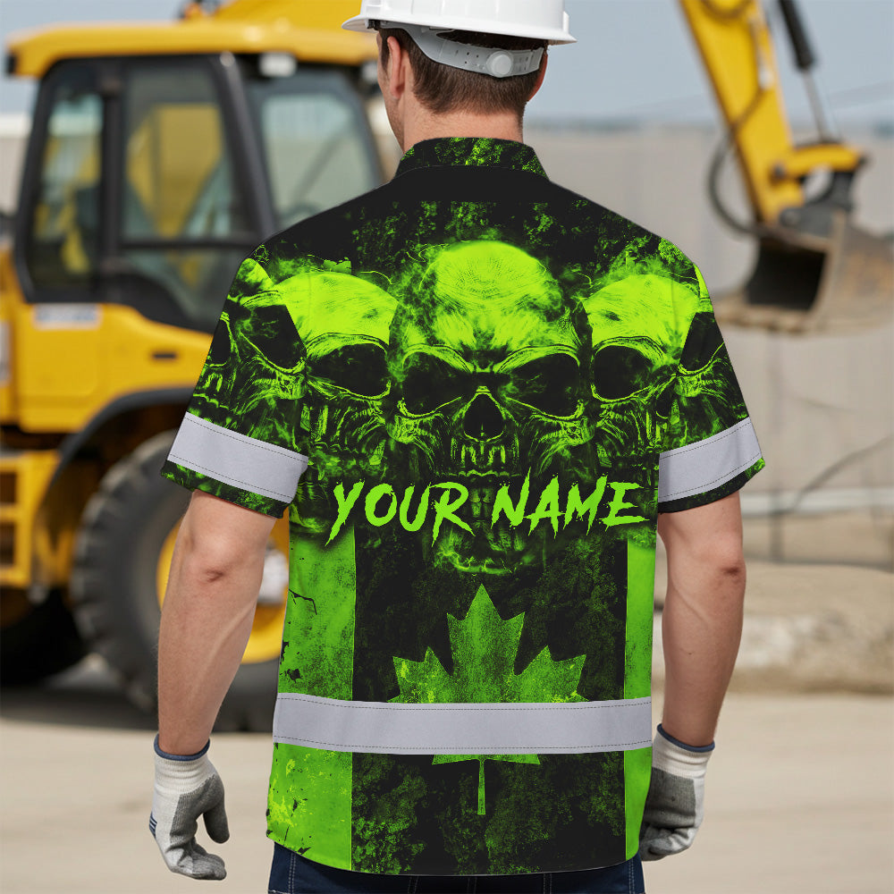 Hi Vis Hawaiian Shirt Reflective Tapes Green Neon Skull CA Flag Custom Name Safety Workwear For Workers, Truckers, Operators, Canadian