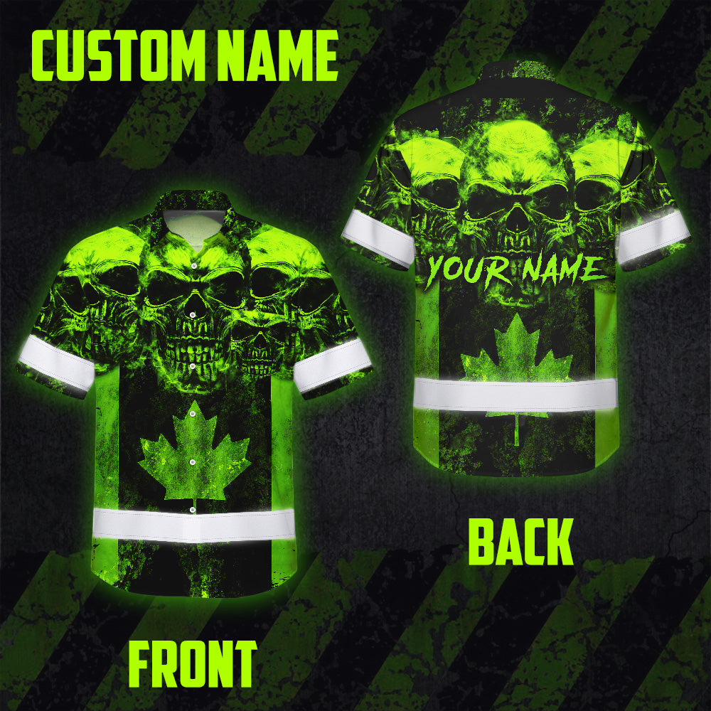 Hi Vis Hawaiian Shirt Reflective Tapes Green Neon Skull CA Flag Custom Name Safety Workwear For Workers, Truckers, Operators, Canadian