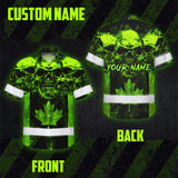 Hi Vis Hawaiian Shirt Reflective Tapes Green Neon Skull CA Flag Custom Name Safety Workwear For Workers, Truckers, Operators, Canadian