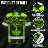 Hi Vis Hawaiian Shirt Reflective Tapes Green Neon Skull CA Flag Custom Name Safety Workwear For Workers, Truckers, Operators, Canadian